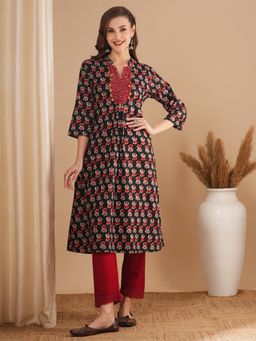 FASHOR - Ethnic Floral Printed Black A-Line Kurta