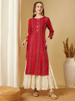 FASHOR - Red Ethnic Floral Printed Straight Fit Kurta
