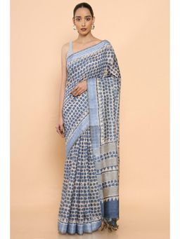 Soch - Women Blue Chanderi Printed Saree with Unstitched Blouse