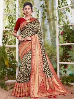 Sangam Prints - Black & Maroon Silk Stonework Traditional Saree with Unstitched Blouse