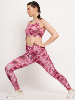 Clovia - High Rise Tie-dye Print Active Tights In Maroon With Side Pocket