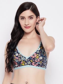 Clovia - Non-padded Non-wired Full Cup Floral Print Bra In Navy - Cotton