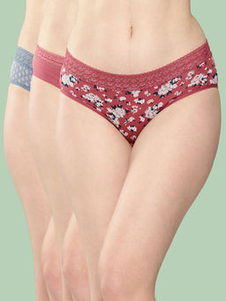 Leading Lady - Women's Cotton Printed Mid Rise Hipster Lace Brief (Pack of 3)