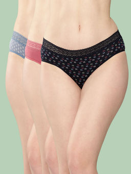Leading Lady - Women's Cotton Printed Mid Rise Hipster Lace Brief (Pack of 3)