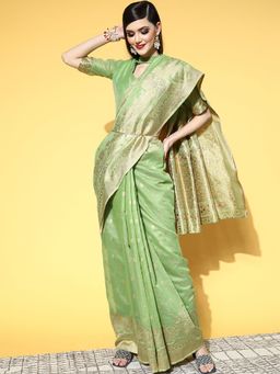 Sareemall - Cotton Blend Green Woven Design Saree With Unstitched Blouse