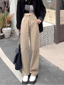 Outzidr - Khaki High Waist Straight Denim