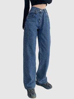Outzidr - Blue Criss Cross Waistband Denim Jeans