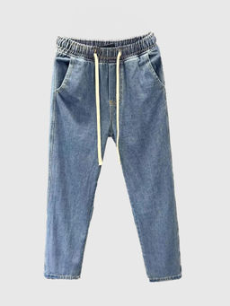 Outzidr - Blue Drawstring Straight Leg Denim Jeans