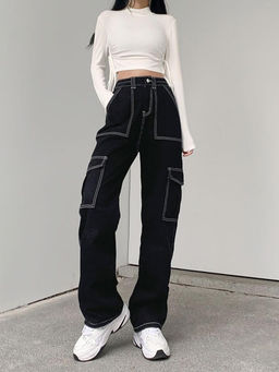 Outzidr - Black Patch Pocket Cargo Denim Jeans