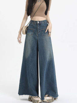 Outzidr - Navy Blue Patch Pocket Ultra Wide Jeans