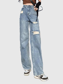 Outzidr - Blue Distressed Washed Straight Fit Denim