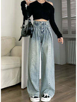 Outzidr - Light Blue Washed Denim Wide Leg Jeans