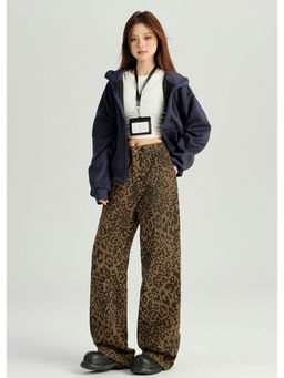 Outzidr - Brown Animal Print Hem Denim Jeans