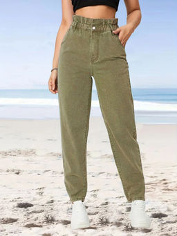 Outzidr - Olive Green Casual Paper Bag Waist Jeans