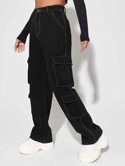Outzidr - Black Solid Cargo Denim Jeans