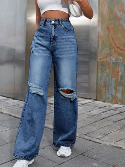 Outzidr - Navy Blue Distressed Straight Street Style Jeans