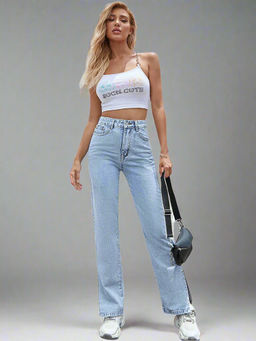 Outzidr - Blue Straight Denim with Side Slit Jeans