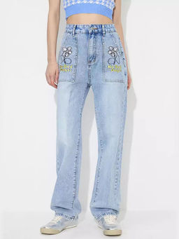 Outzidr - Blue Patch Pocket Embroidered Denim Jeans
