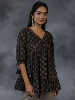Libas - Black Printed Pleated Panelled Kurti with Tassels On Sleeves