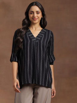 Libas - Black Ethnic Motifs Printed Pleated Straight Kurti with Zari