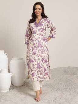Libas - Purple Floral Printed Straight Kurta With Pocket