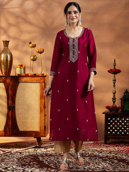 Libas - Maroon All Over Embroidered Kurta With Lining