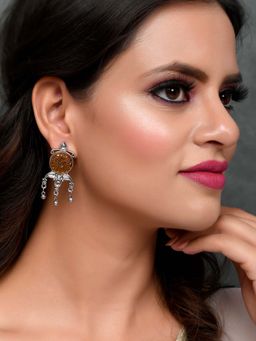 Silvermerc Designs - Silver Plated Brown Stone Studded Floral Oxidised Stud Earrings