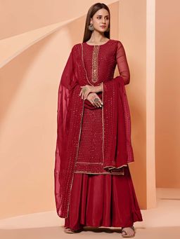 Odette - Attractive Red Georgette Semi-Stitched Sharara Suit (Set of 3)