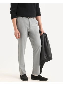 Rare Rabbit - Mens Travel-Ss26 Grey Blend Fabric Regular Fit Plain Trouser
