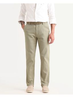 Rare Rabbit - Mens Oros Light Olive Cotton Blend Fabric Regular Fit Plain Trouser