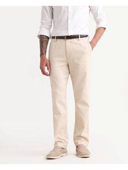 Rare Rabbit - Mens Oros Light Beige Cotton Blend Fabric Regular Fit Plain Trouser