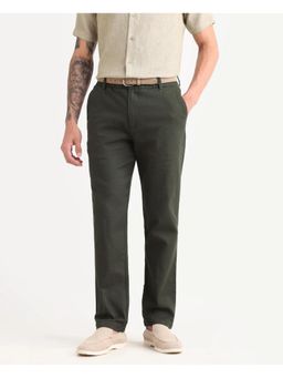 Rare Rabbit - Mens Oros Dark Green Cotton Blend Fabric Regular Fit Plain Trouser