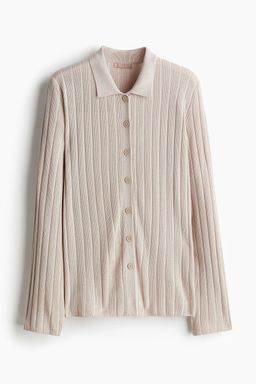 H&M - Women Beige Rib-Knit Button-Front Top
