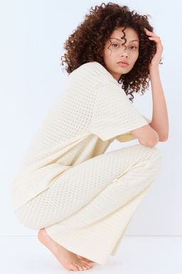 H&M - Women White Pointelle-Knit Polo Shirt