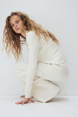 H&M - Women White Wide Rib-Knit Trousers