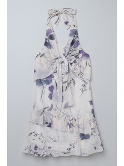 Taffy - Beige Knit Floral Printed Front Tie Up and Ruffle Detail A-Line Dress