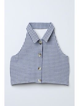 Taffy - Navy Blue Cotton Sleeveless Yarn Dyed Checks Crop Top