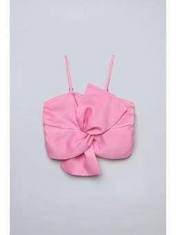 Taffy - Pink Satin Woven Sleeveless Bow Detail Crop Top