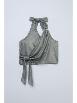 Taffy - Knit Sleeveless Shimmer Ring Detail Halter Neck Crop Top