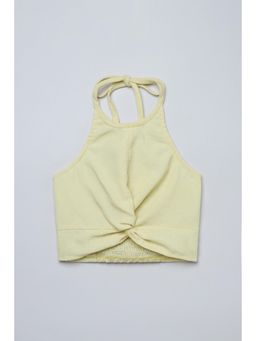Taffy - Butter Yellow Linen Sleeveless Front Twist Detail Crop Top