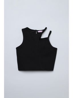 Taffy - Black Sleeveless Solid Asymmetrical Neck Crop Top