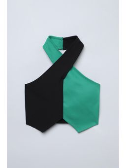 Taffy - Black & Green Woven Sleeveless Colorblock Halter Neck Crop Top