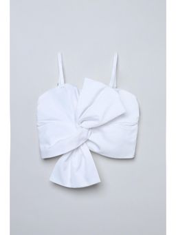 Taffy - White Satin Woven Sleeveless Bow Detail Party Crop Top