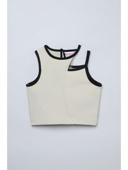 Taffy - Beige Cotton Knit Contrast Piping Detail Asymmetric Crop Top