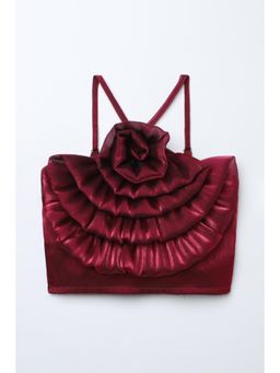 Taffy - Wine Organza Woven Sleeveless Rose Applique Party Crop Top