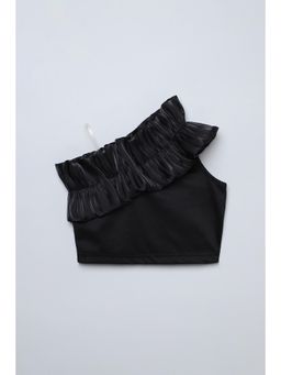 Taffy - Black Knit Organza Ruffle Detail One Shoulder Party Crop Top