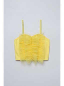 Taffy - Yellow Net Knit Sleeveless Frill Details Party Crop Top