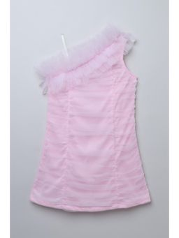 Taffy - Light Pink Net Knit Ruffle Detail One Shoulder Ruched Party Dress