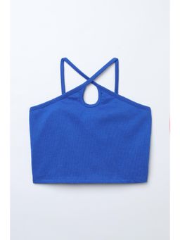 Taffy - Royal Blue Cotton Knit Sleeveless Halter Neck Crop Top