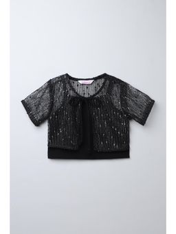 Taffy - Black Crochet Half Sleeves Foil Embellished Crop Shrug & Crop Top